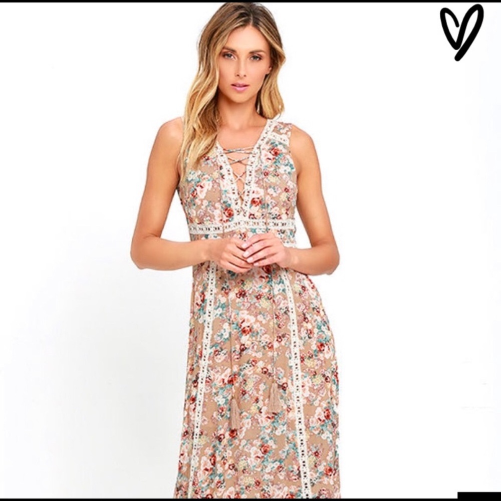 Beige Floral Print Maxi Dress